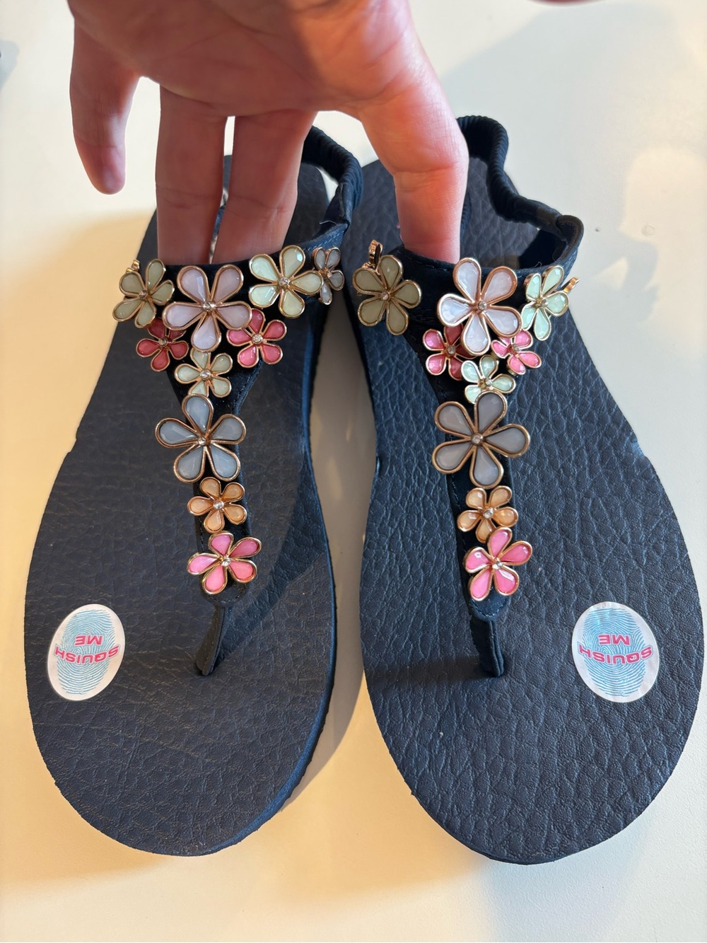 Skechers Black Floral Gem Thong Sandals